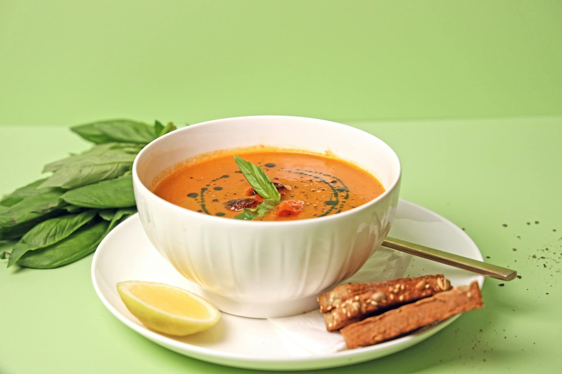 Creamy Tomato Basil Soup with Grilled Cheese Croutons